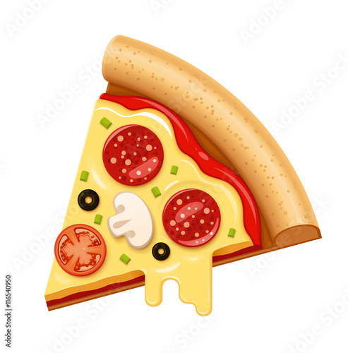 Vector hot pizza slice with sticky cheese and salami icon