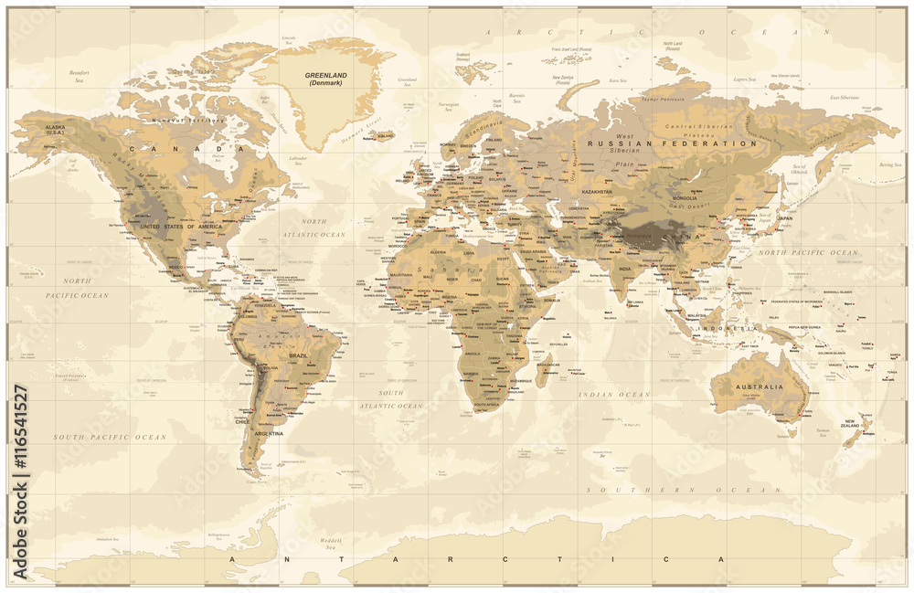 Fototapeta Vintage mapa świata fizycznego