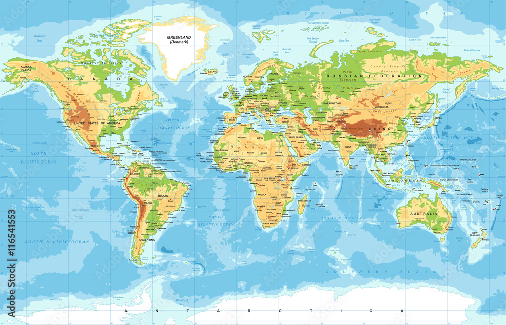 Obraz Mapa fizyczna świata
