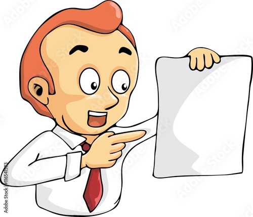 man showing blank papper and pointing finger