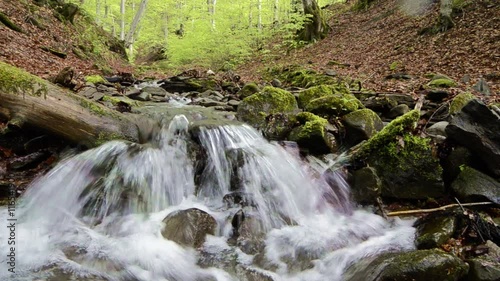 Mountain stream with stones close up in wood