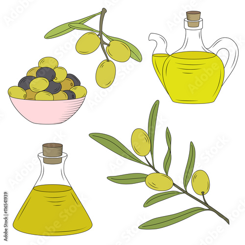 Bottle of oil and the branch of the olive tree.
