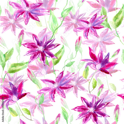 Floral seamless pattern with clematis flowers  leaves and buds.Watercolor hand drawn illustration.White background.