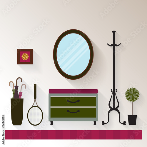Vector interior hallway with mirror and  commode . 