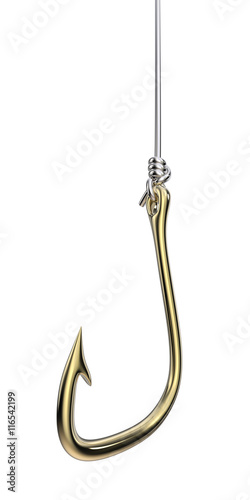 Isolated Golden Fishing Hook and Silver Line. 3d Render of Golden Fishing Hook attached to Silver Fishing Line with Clinch Knot.