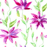 Floral seamless pattern with clematis flowers, leaves and buds.Watercolor hand drawn illustration.White background.