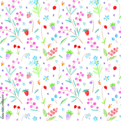 Floral seamless pattern with berry, flowers, herbs, rowan, cranberry, forget-me-not and blackberry.Pencil hand drawn illustration.White background. © jula_lily