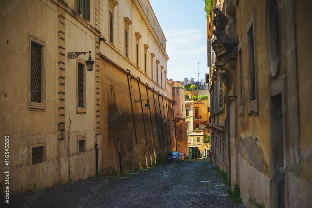 Obraz premium Old cobbled streets of Rome. Tourists and visitors stroll through the narrow the town.