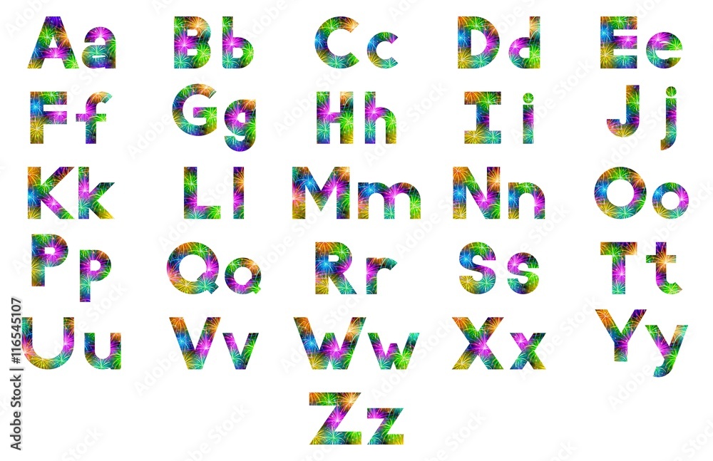 Alphabet, Set of English Letters Signs Uppercase and Lowercase, Stylized Colorful Holiday Firework with Stars and Flares