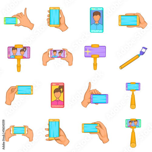Selfie icons set in cartoon style. Taking photos with smartphones set collection vector illustration