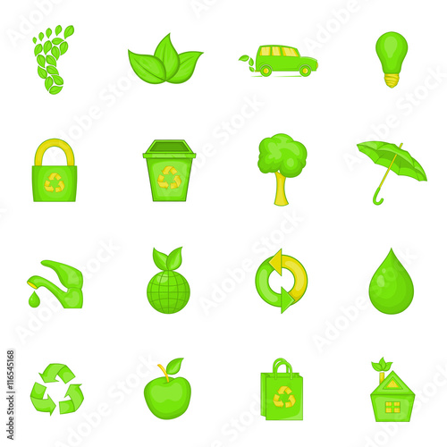 Nature icons set in cartoon style. Ecology, eco set collection vector illustration