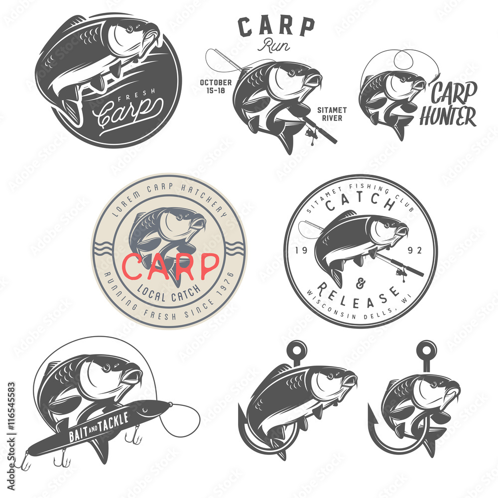Set of vintage carp fishing emblems, labels, badges and design elements  Stock Vector