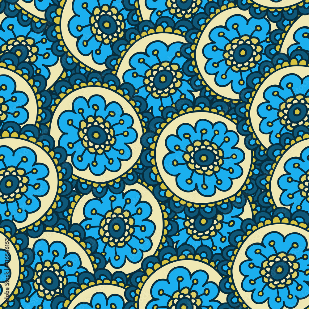 Blue doodle flower pattern.Hand drawn cute seamless background. Vector illustration.
