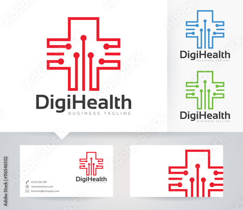 Digital Health vector logo with alternative colors and business card template
