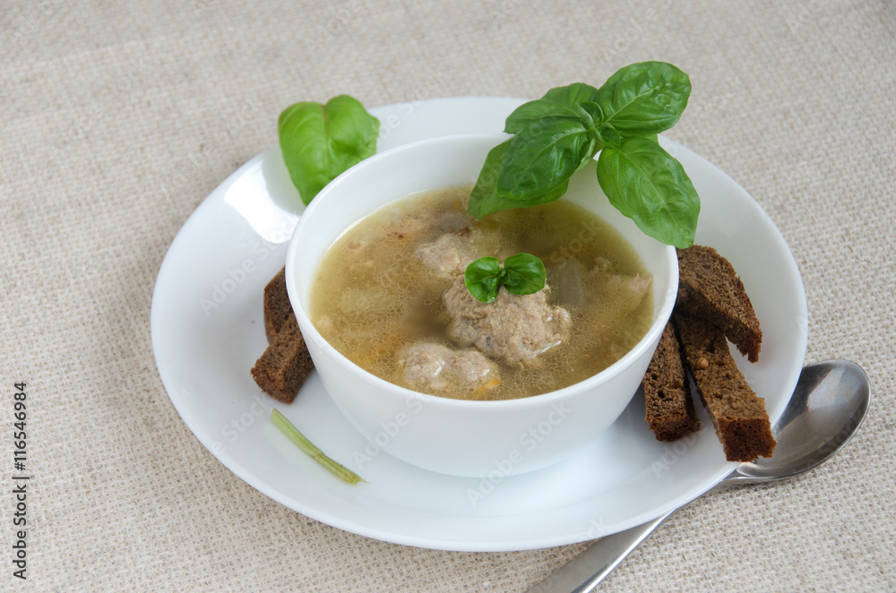 buckwheat soup meatballs basil leaf