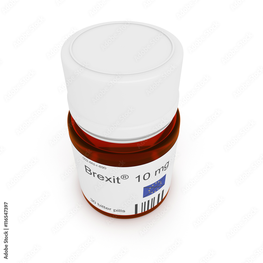 Pill bottle: Brexit, 10 mg, bitter pills, 3d illustration Pill bottle: Brexit, 10 mg, bitter pills, 3d illustration
