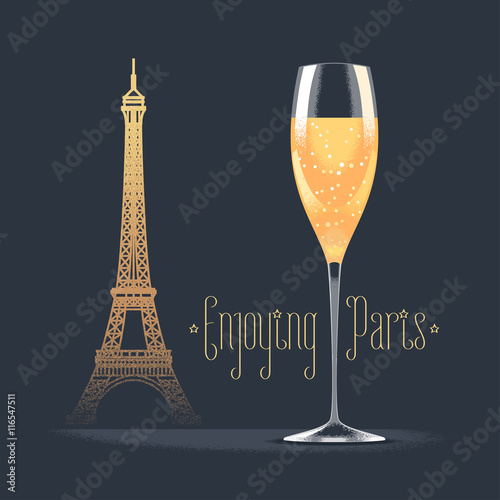 French Eiffel tower and glass of champagne vector illustration