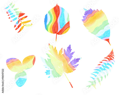 Collection of leaves painted watercolor rainbow colors on a whit