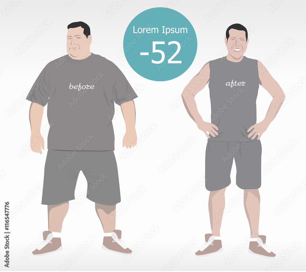 cartoon characters, different stages, fat problems, strong sport and fat people, fast food problem, vector illustration
