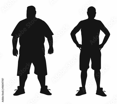 Vector concept  fat overweight vs slim fit diet with muscles young man silhouette isolated on white background for weight loss