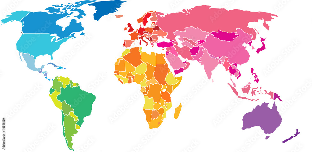 Political World Map. Detailed World map of rainbow colors.
