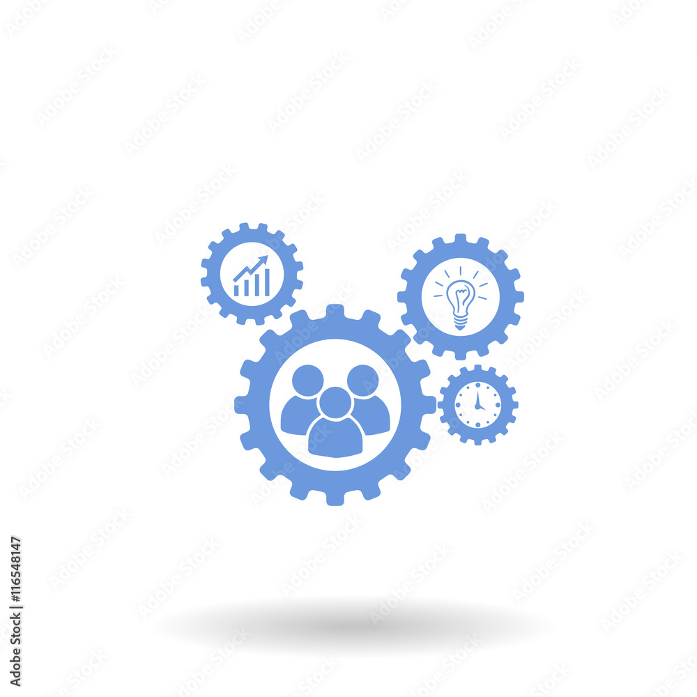 Business mechanism concept. Abstract background with connected gears and icons for strategy, research, concepts. Vector Business mechanism concept. Abstract background with connected gears and icons for strategy, research, concepts. Vector