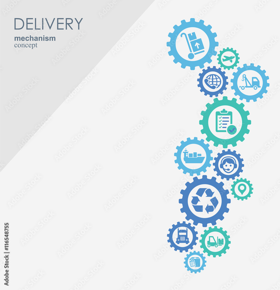 Delivery mechanism concept. Abstract background with connected gears and icons for logistic, strategy, service, shipping, distribution, transport, market, communicate concepts. Vector interactive.