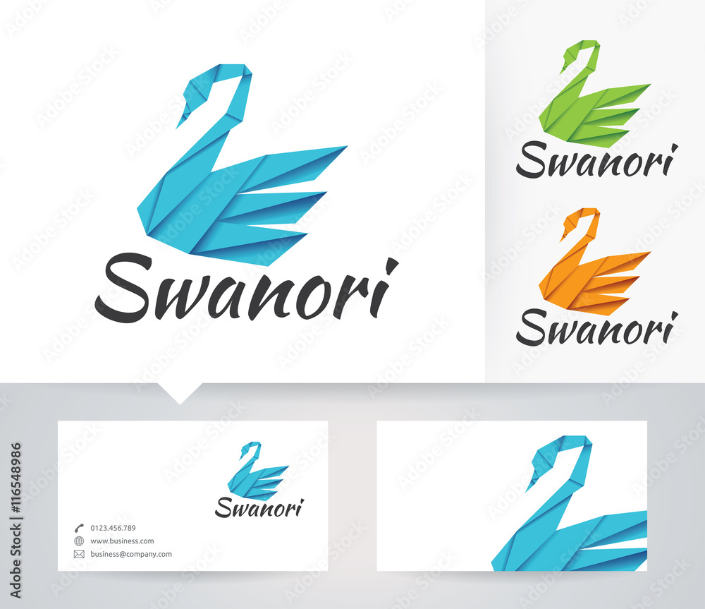 Obraz premium Swan Origami vector logo with alternative colors and business card template