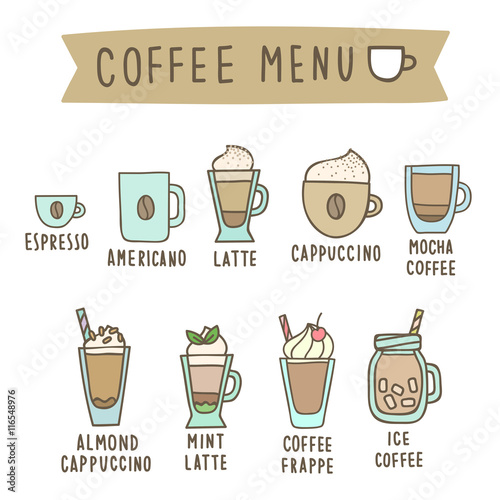Set of different coffee style drinks.