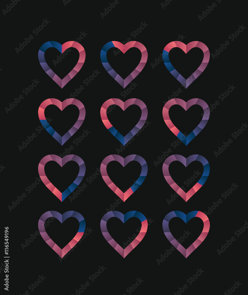 Heart shaped loading sequences ranging from blue gradients to pink gradients