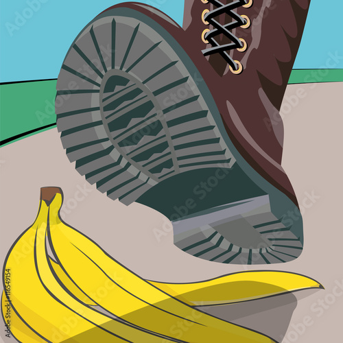 The foot in the shoe does step on a banana peel. A moment before. Cartoon vector illustration with isolated objects.