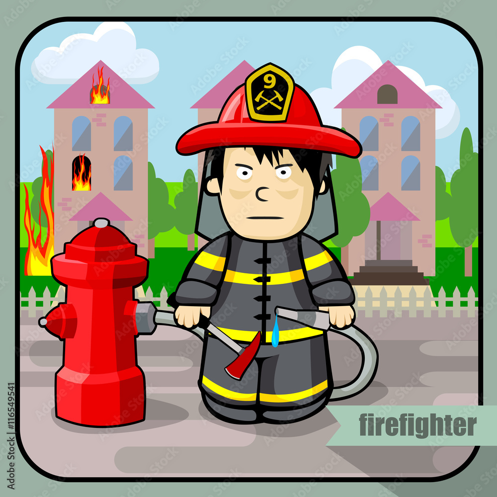 Fototapeta premium Vector person character portrait. Firefighter portrait isolated on burning building background. Cartoon style. Human profession icon.