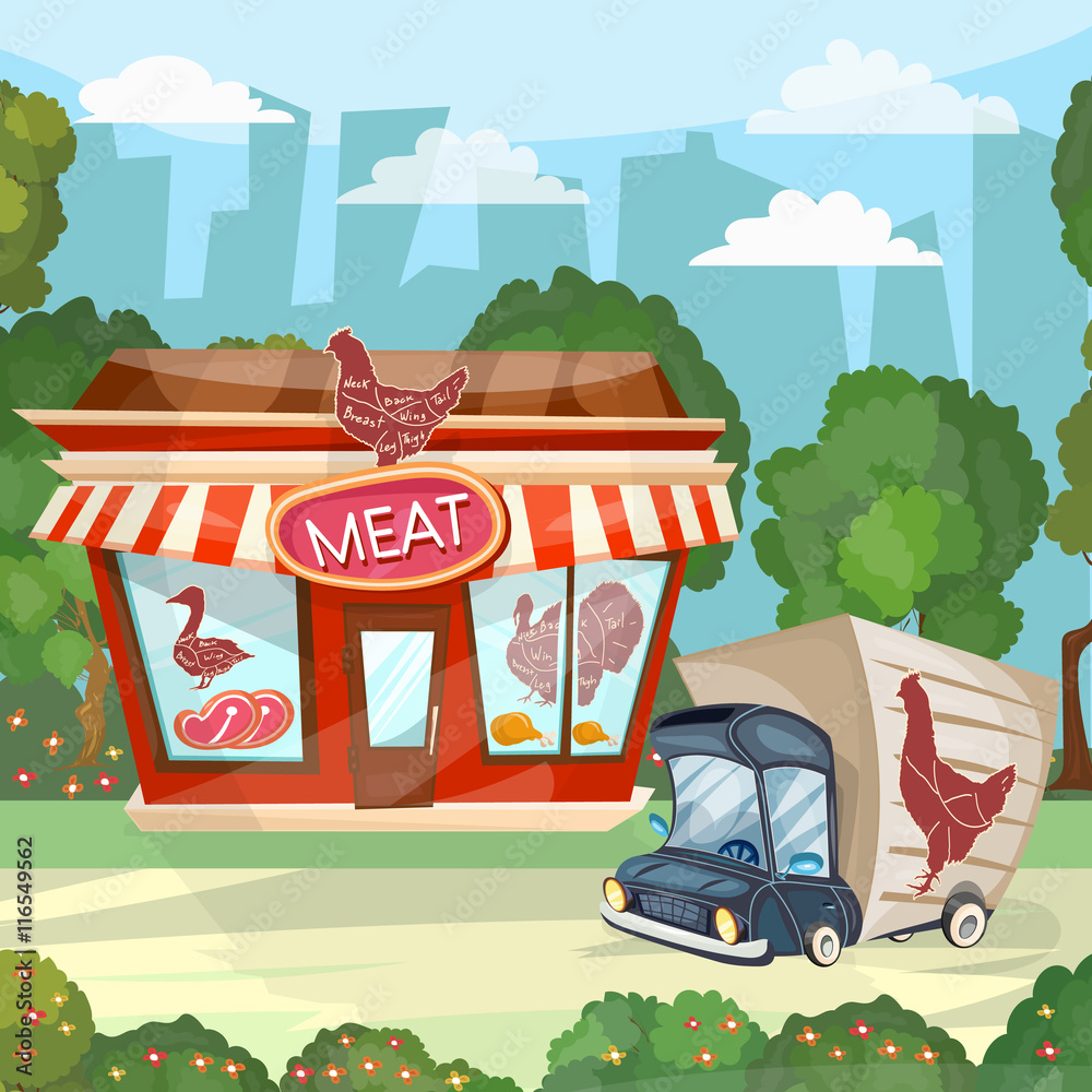 Naklejka premium Meat shop cartoon butcher store facade building vector