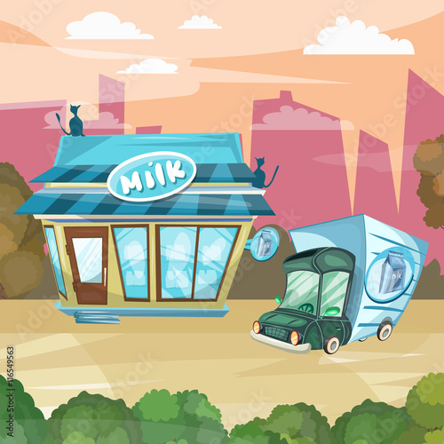 Milk shop cartoon dairy store facade building vector