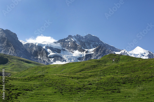 Jungfrau peaks of Swiss Alps on the way to Kleine Scheidegg