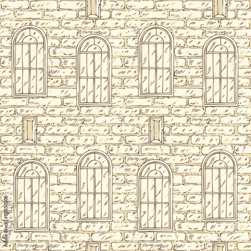 Seamless Vector Pattern with Brick Wall and Windows