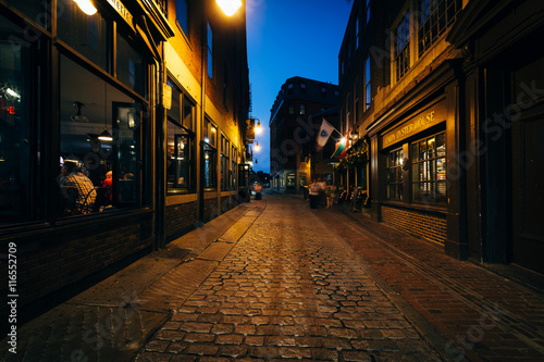 The beautiful cobblestone Marshall Street at night, in Boston, M