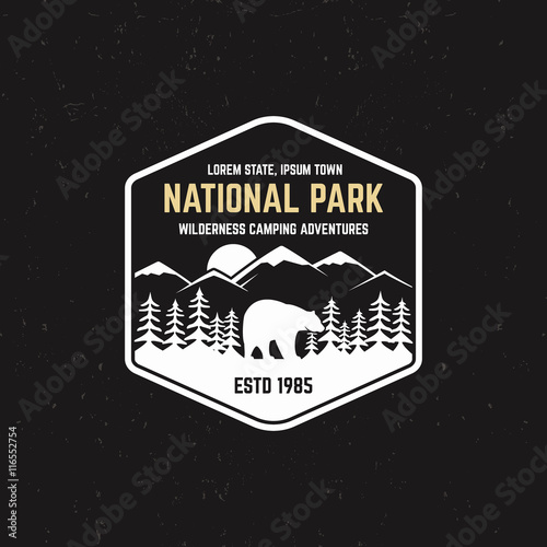 Stamp for national park, outdoor camp. Tourism hipster style patch, badge. Expedition emblem. Winter or summer campsite graphic. Campground insignia. Adventure logo for web, print t shirt, tee design