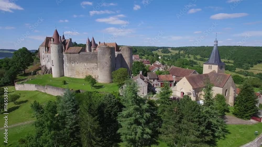 France, Burgundy, Cote d'Or, Aerial view of Chateauneuf en Auxois, or Chateauneuf, labelled Les Plus Beaux Villages de France (The Most beautiful Villages of France), HD Movie (1920X1080)
