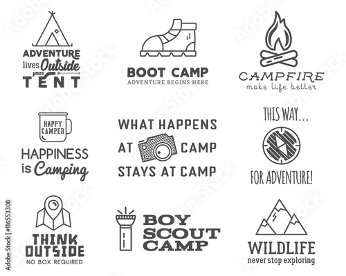 Camping logo design set with typography and travel elements - bonfire, mountain, tent. With vector adventure sayings and signs. Hiking trail, backpacking symbols. Nice for prints, tee design, apparel