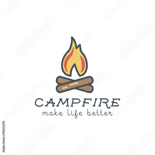 Camping logo design with typography and travel elements - campfire. Vector text - make life better. Hiking trail, backpacking symbols in retro flat colors. Nice for prints, tee design