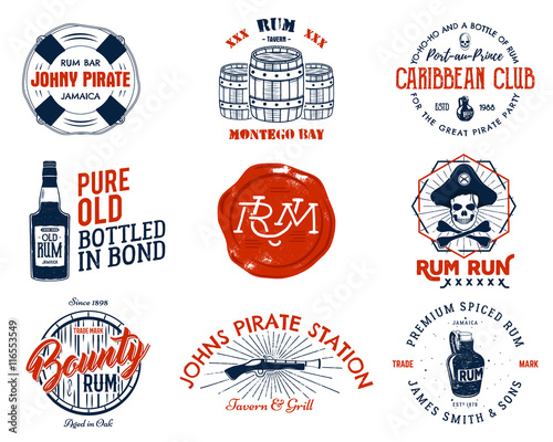 Set of vintage handcrafted emblems, labels, logos. Isolated on a white background. Sketching filled style. Pirate and sea symbols - old rum bottles, barrels, skull, pistol. Red color. Vector
