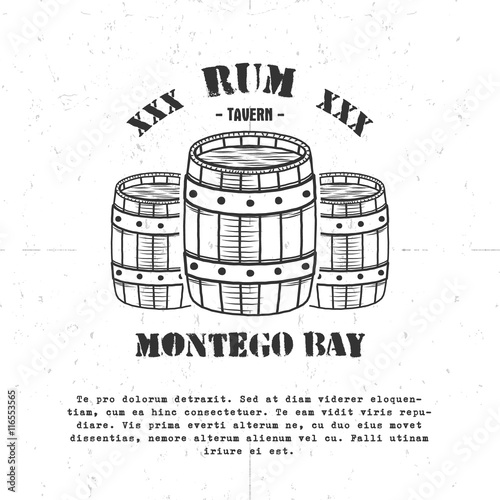 Vintage handcrafted poster template with old barrels and vector sign - rum, montego bay. Sketching filled style. Retro design for banner, flyer. Isolated on white background. Vector