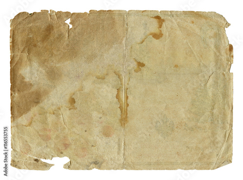 Damaged paper blank with torn edges and old spots isolated on white background. Vintage texture for design. 