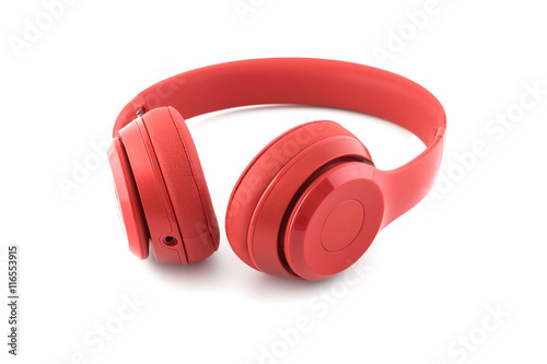 Red headphone on white baclground