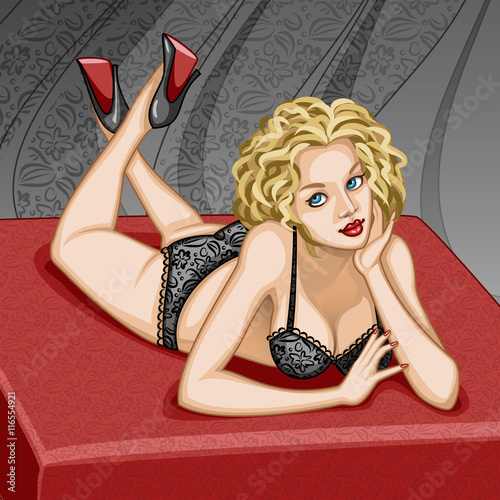 Blonde girl lying on a red mattress in black lacy lingerie and black shoes, against the background of silk curtains