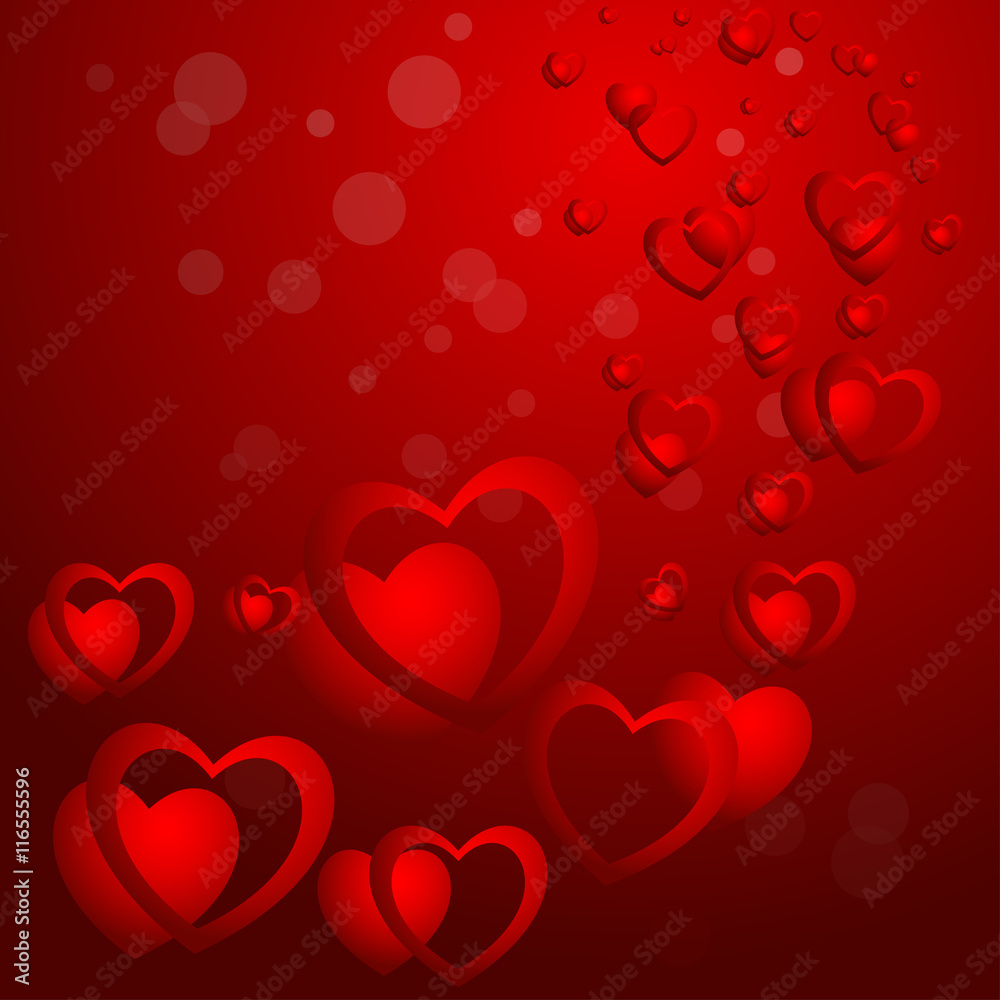 Φωτογραφία Hearts on a red background with patches of light or gurgling in the form of plum