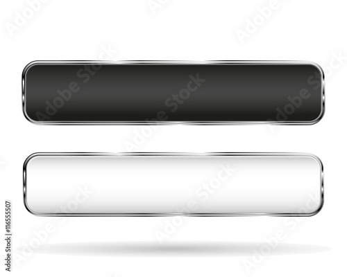 Buttons black and white with metal chrome frame isolated on white background with shadow, vector illustration