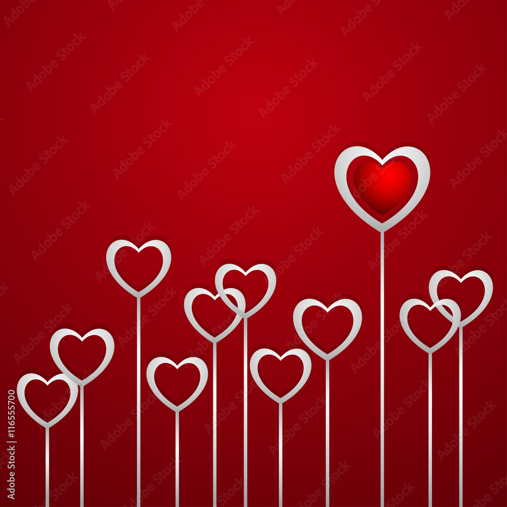 Hearts growing on a red background, banner or card for your writing, stylish vector illustration EPS10