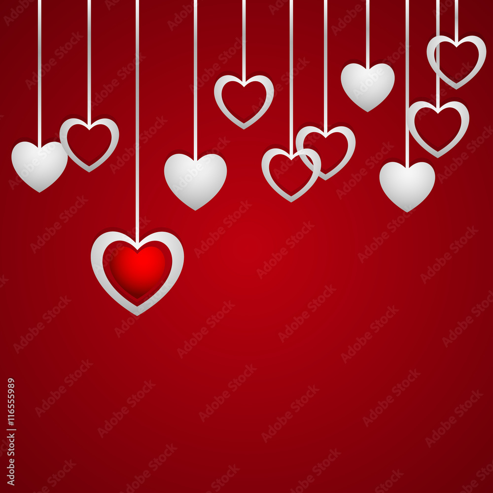Hearts hanging on a red background, banner or card for your writing, stylish vector illustration EPS10